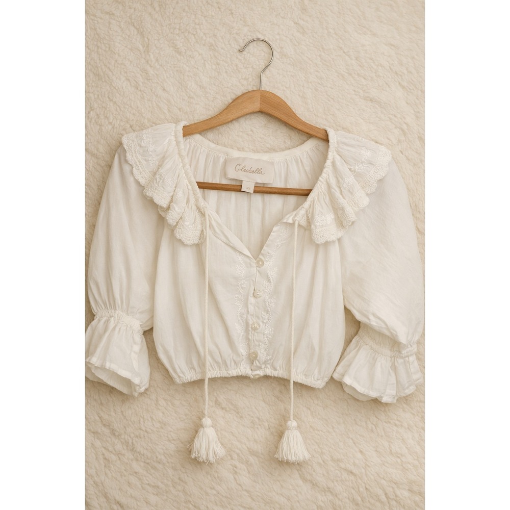 Cleobella White Organic Cotton Embroidered Cropped Blouse XS Boho‎ Tassel